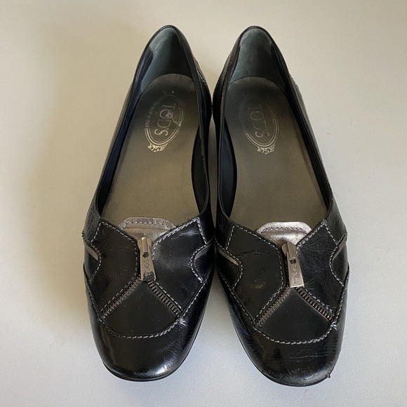 TOD's Ballet Flat Round Toe Zipper Black Patent Leather Slip On 38.5 8.5 - Picture 2 of 9